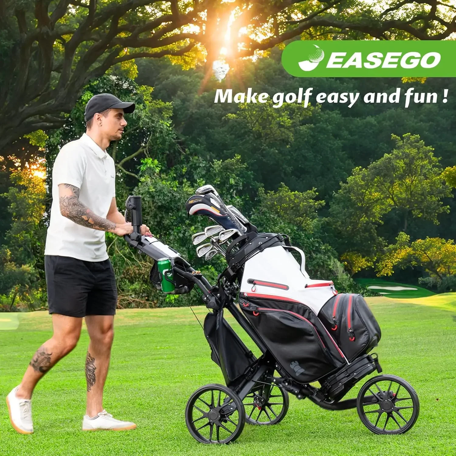 Golf Push Cart Three Wheel Fol - Pull Cart Fold reseña y precio